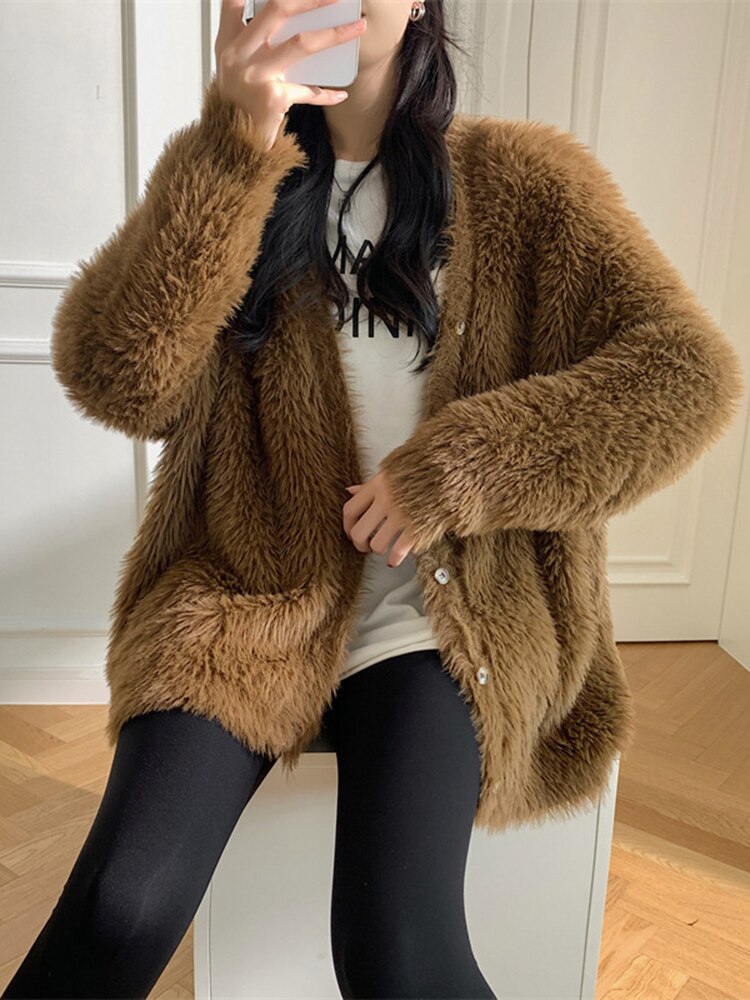 Green Big Size Knitting Cardigan Sweater Loose Fit V-Neck