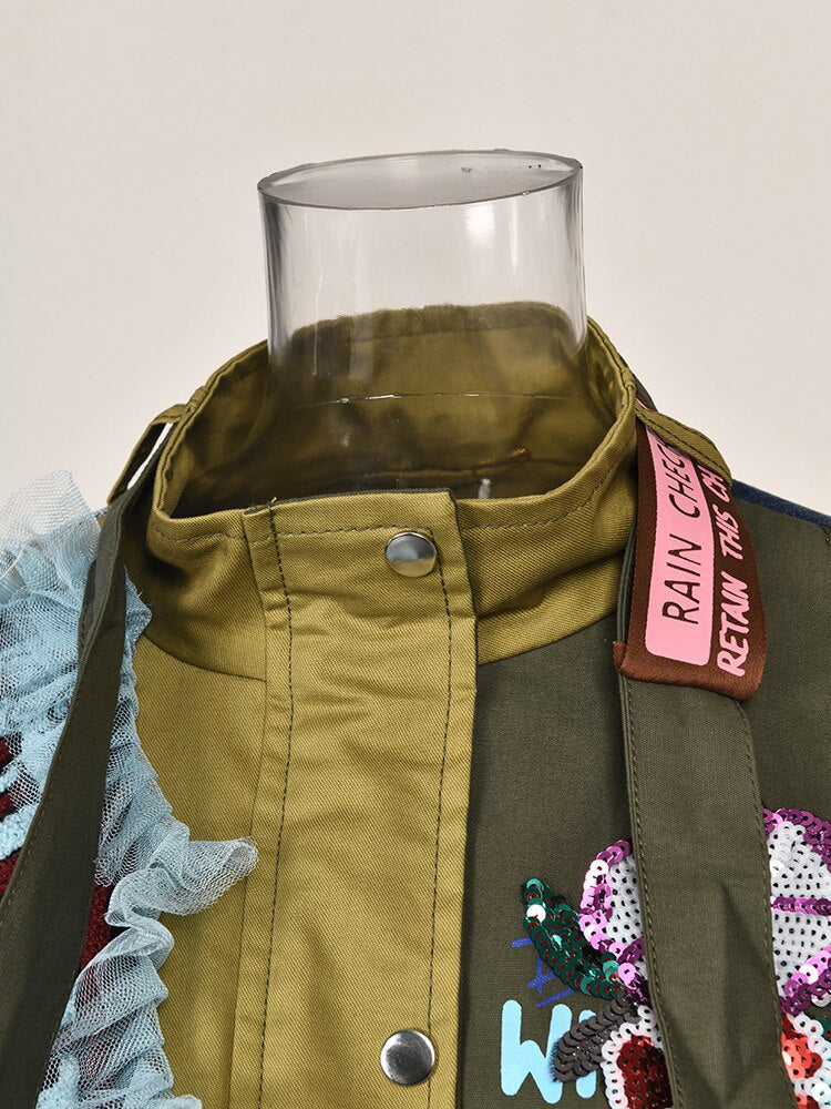 Street Style Embroidery Lace Spliced Contrast Color Jacket