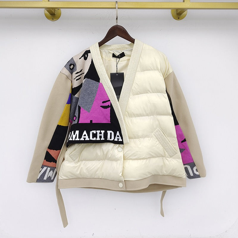 Knitted Letter Patchwork Stitched Lace Up Winter Outwear Jacket