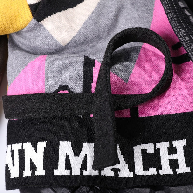 Knitted Letter Patchwork Stitched Lace Up Winter Outwear Jacket