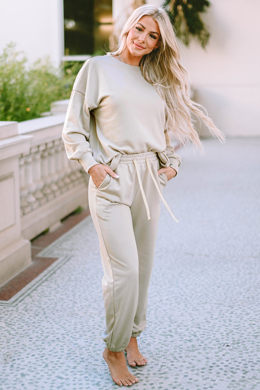 Gray Long Sleeve Top and Drawstring Pants Lounge Outfit
