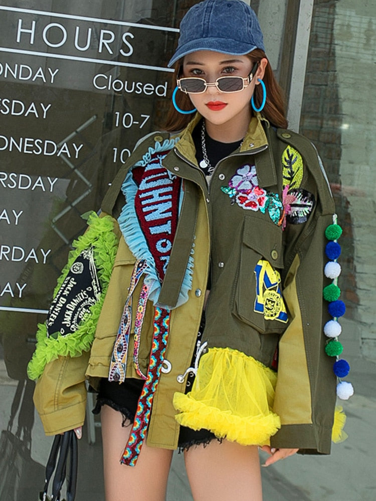 Street Style Embroidery Lace Spliced Contrast Color Jacket