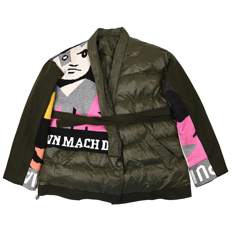 Knitted Letter Patchwork Stitched Lace Up Winter Outwear Jacket