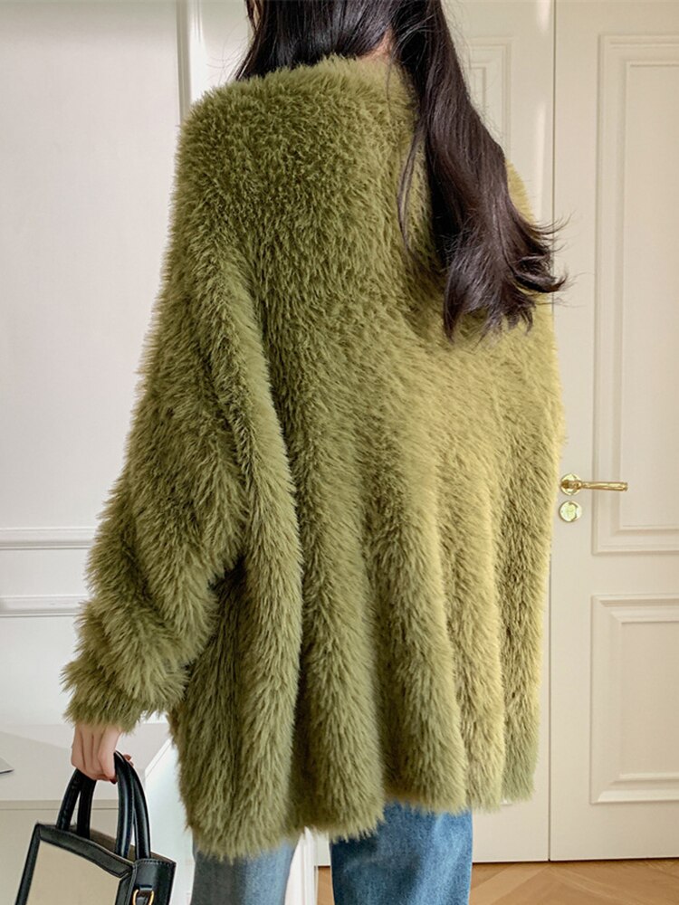 Green Big Size Knitting Cardigan Sweater Loose Fit V-Neck