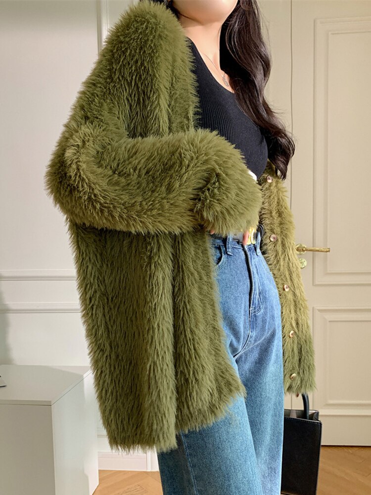 Green Big Size Knitting Cardigan Sweater Loose Fit V-Neck