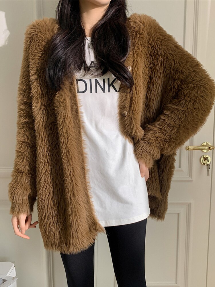 Green Big Size Knitting Cardigan Sweater Loose Fit V-Neck