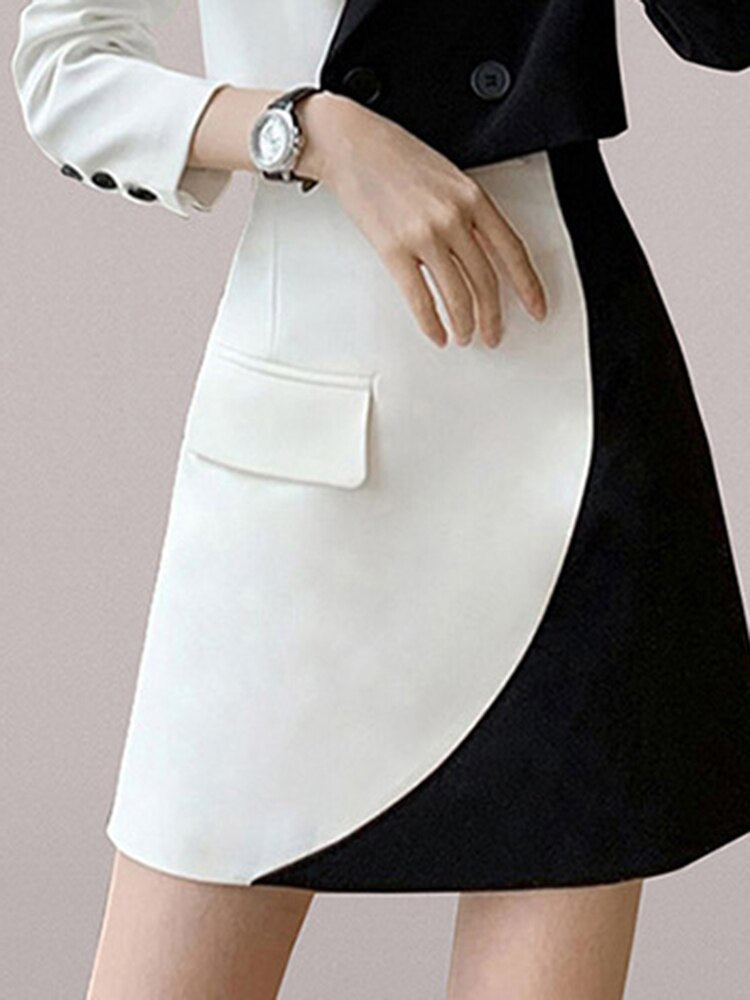 Notched Collar Long Sleeve Spliced Button 2-Piece Set