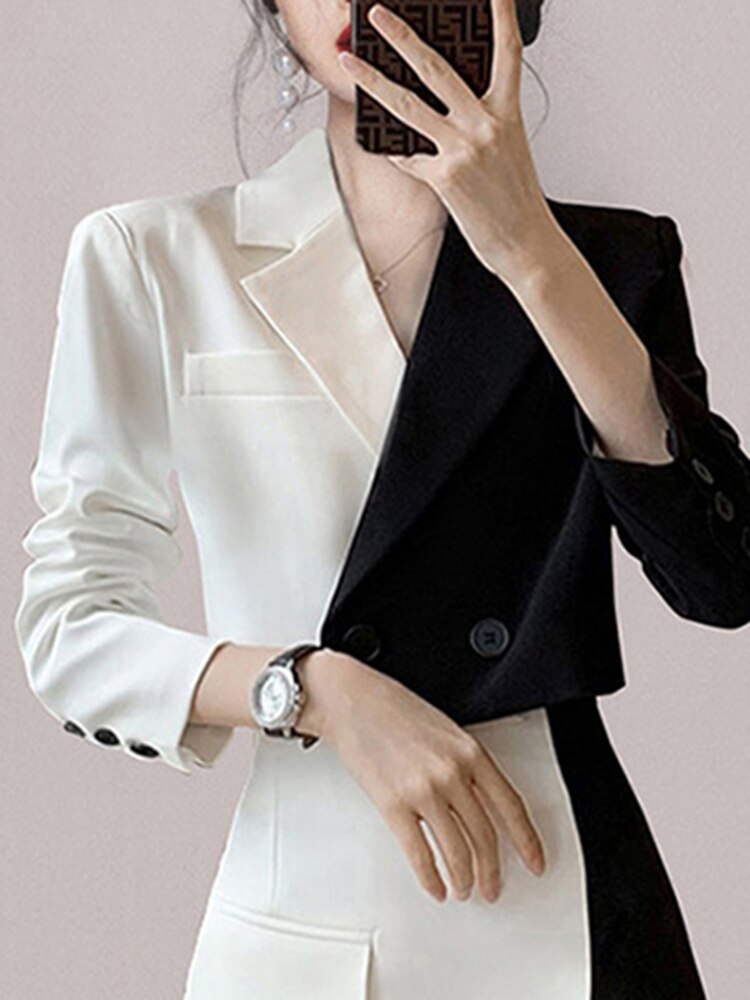 Notched Collar Long Sleeve Spliced Button 2-Piece Set