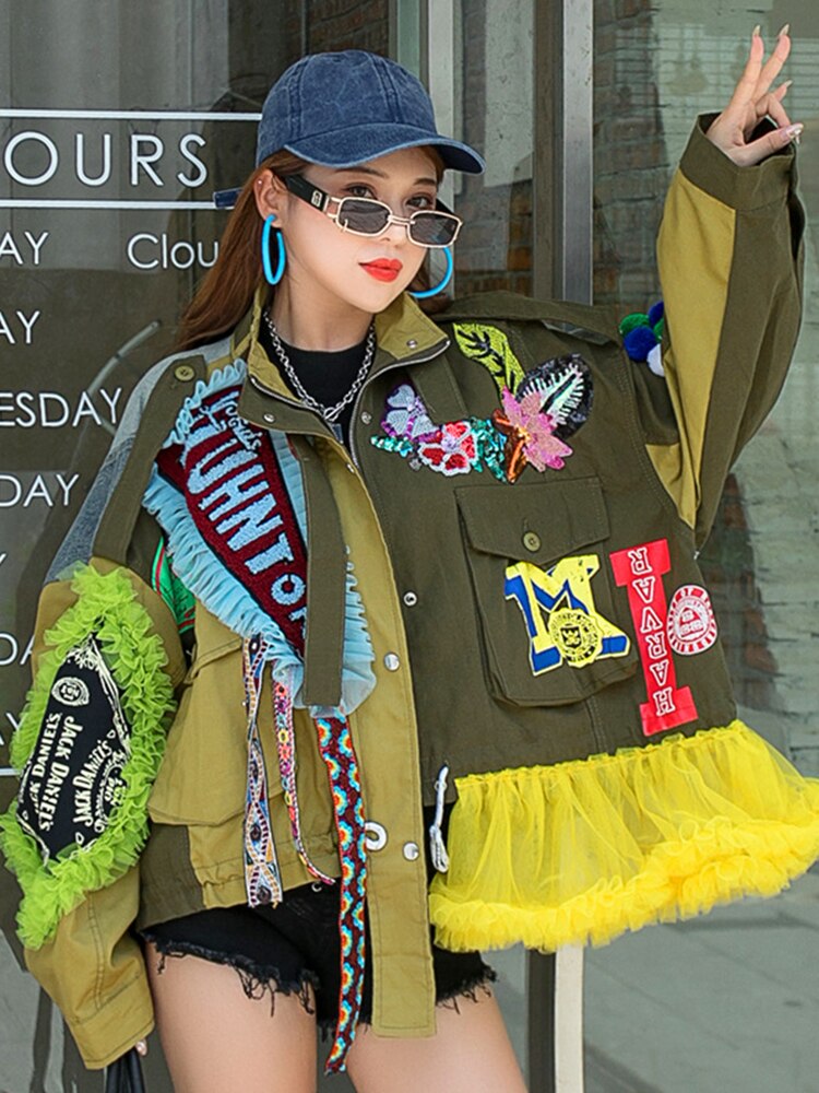 Street Style Embroidery Lace Spliced Contrast Color Jacket