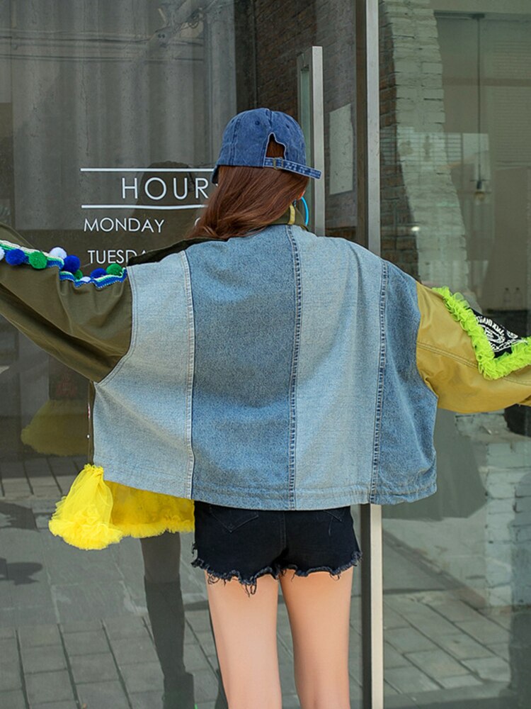 Street Style Embroidery Lace Spliced Contrast Color Jacket