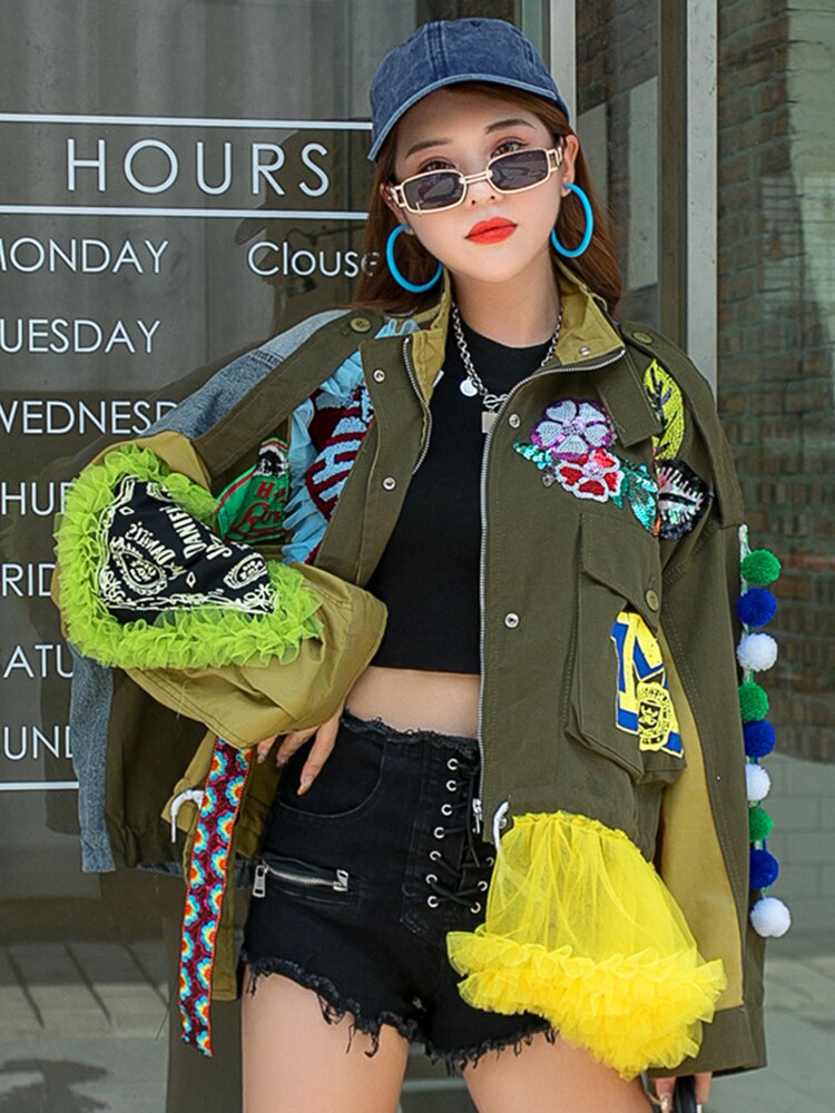 Street Style Embroidery Lace Spliced Contrast Color Jacket