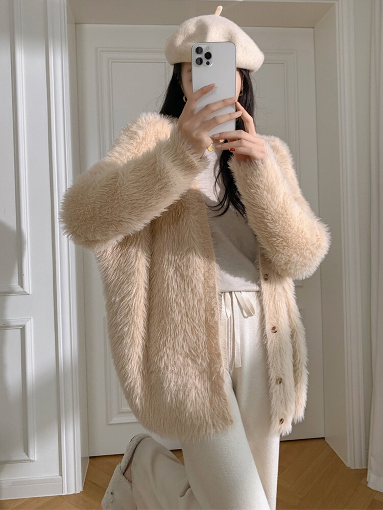 Green Big Size Knitting Cardigan Sweater Loose Fit V-Neck