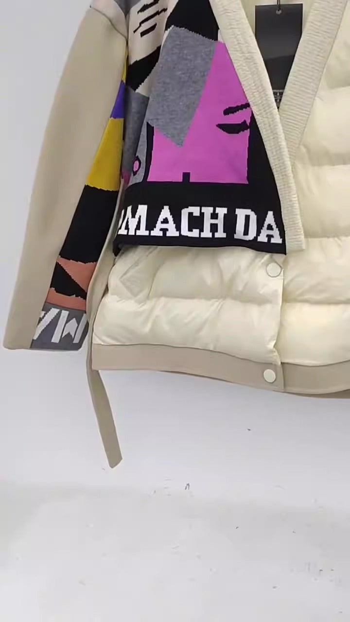 Knitted Letter Patchwork Stitched Lace Up Winter Outwear Jacket