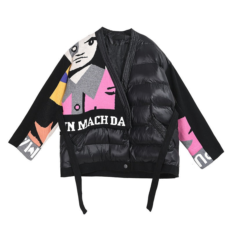 Knitted Letter Patchwork Stitched Lace Up Winter Outwear Jacket