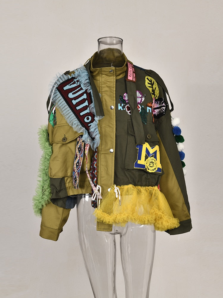 Street Style Embroidery Lace Spliced Contrast Color Jacket