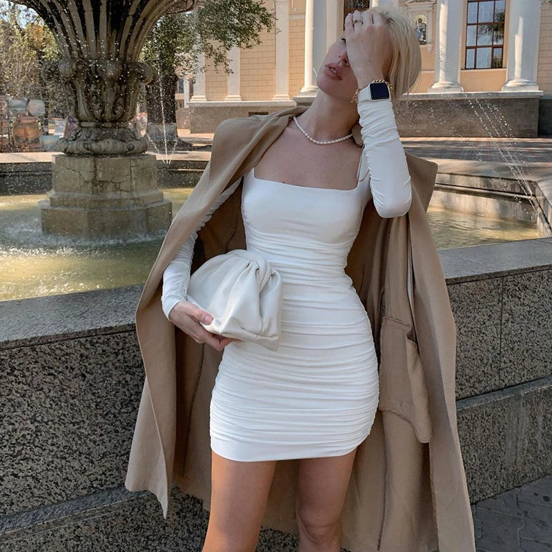 Women’s Casual Long Sleeve Bodycon Dress Office Lady Solid Color Square Collar Pleated Slim Fit Mini Dress Evening Party Wear