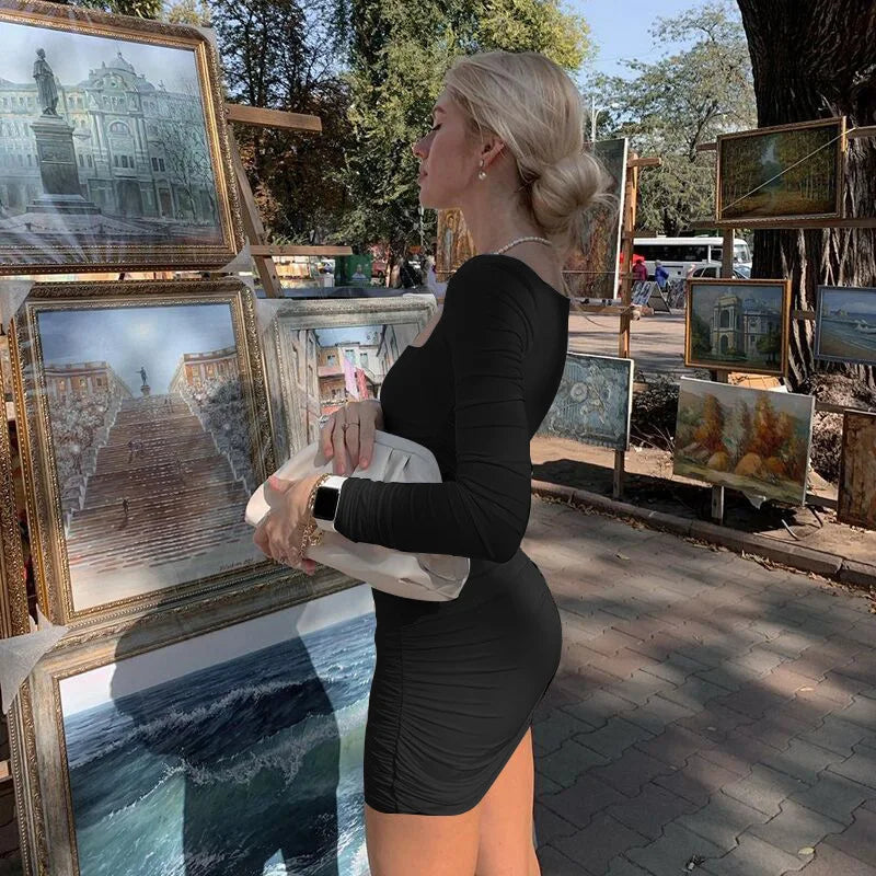 Women’s Casual Long Sleeve Bodycon Dress Office Lady Solid Color Square Collar Pleated Slim Fit Mini Dress Evening Party Wear