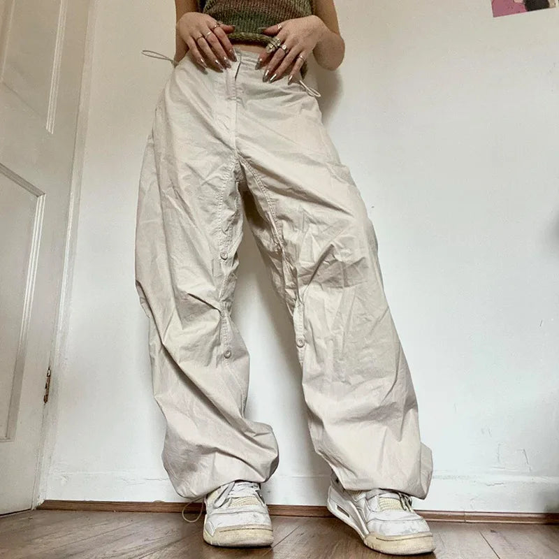 Women’s Streetwear Cargo Pants Spring Elastic Waist Solid Color Pockets Wide Leg Trouser Female Casual Joggers Sweatpants