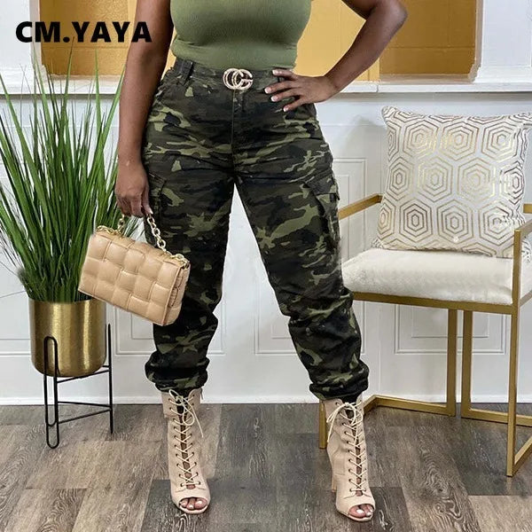 YAYA Women’s Camouflage Printed Slim Cargo Pants 2024 Spring/Summer Pocket Jogger Street Fashion Safari Trousers