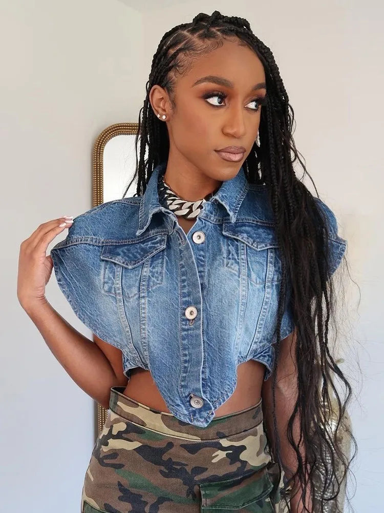 2023 Summer Autumn Women’s Denim Jacket Fashion Short Sleeve Thin Irregular Overcoat Sexy Crop Top Jeans Jacket Outwear