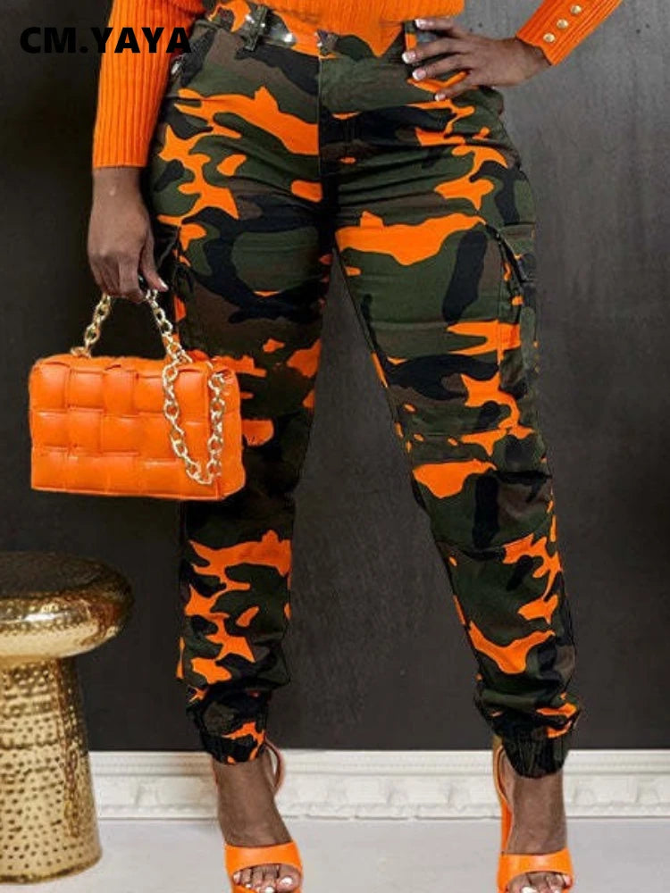 YAYA Women’s Camouflage Printed Slim Cargo Pants 2024 Spring/Summer Pocket Jogger Street Fashion Safari Trousers